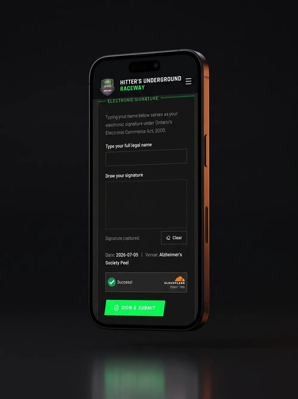 The e-signature waiver on an iPhone: type your name, draw your signature, submit