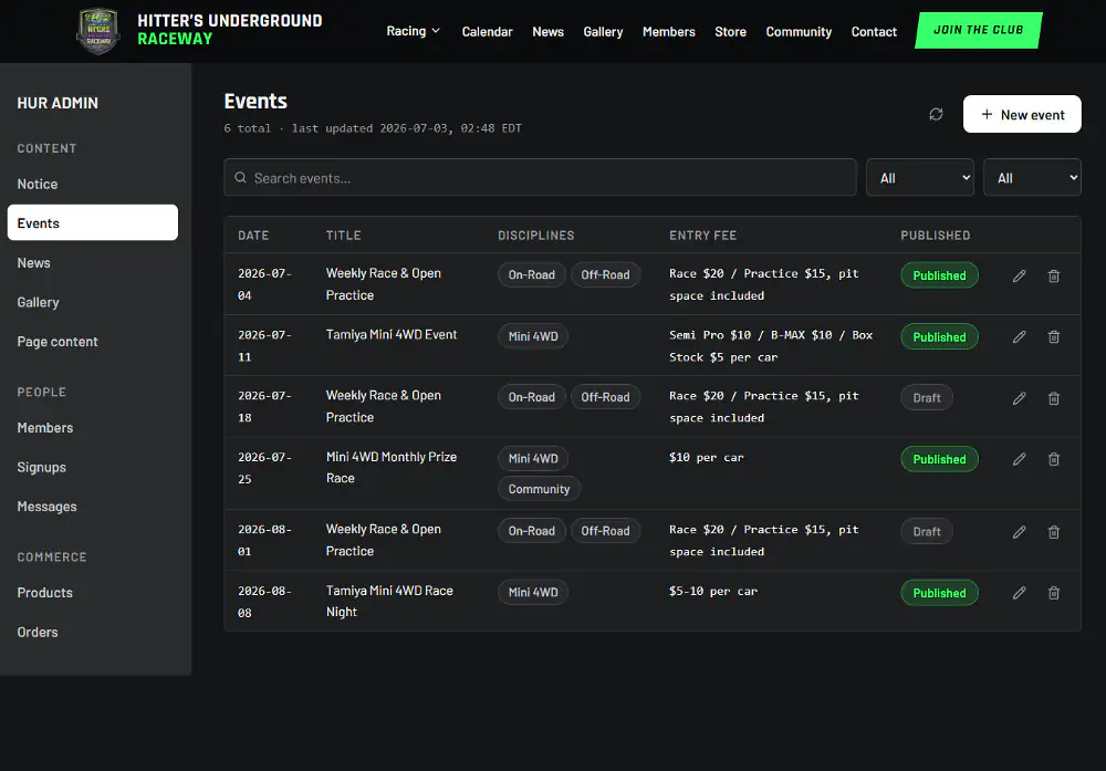The admin events panel with status pills, filters, and inline editing